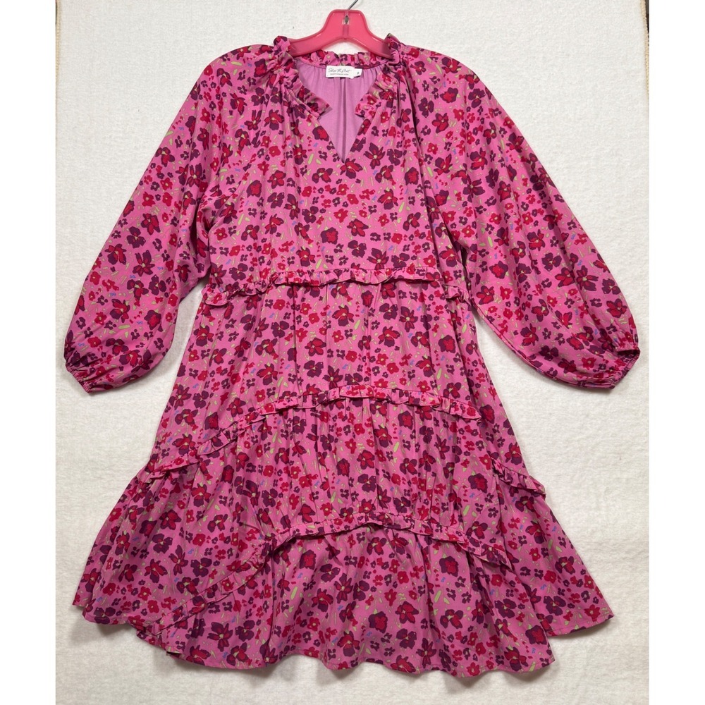 Shop the Mint Pink Floral Tiered‎ Mini Dress V-Neck Balloon Sleeve Small Wedding